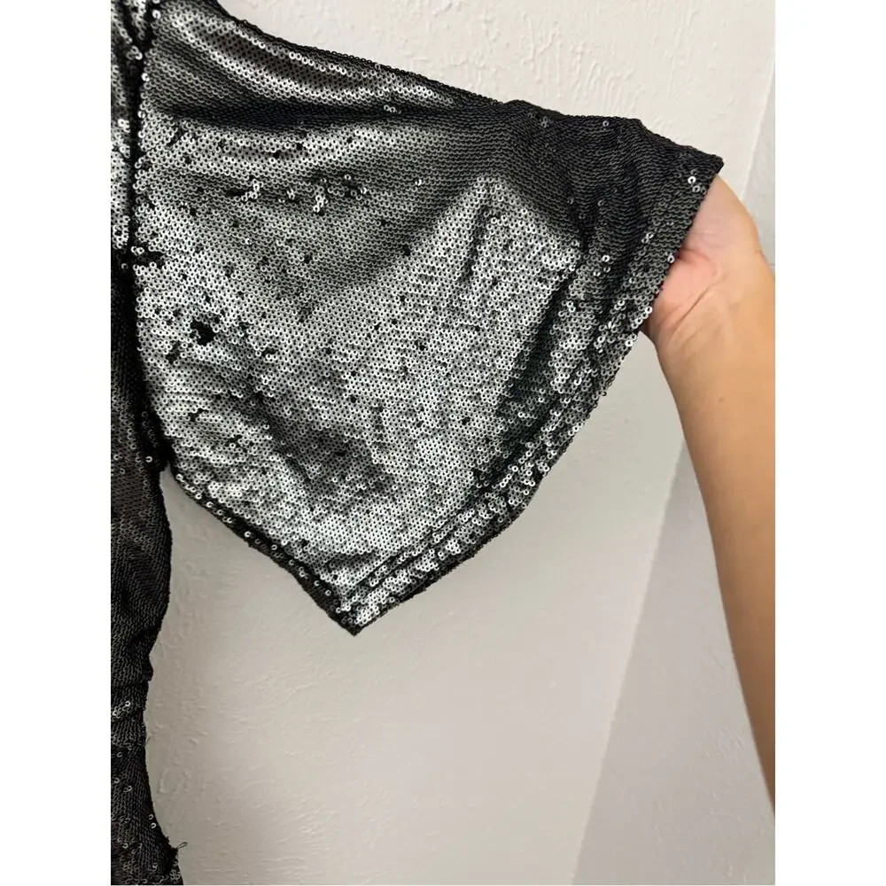 Free People Sequin Mini Dress Size Medium Silver Black Batwing Flawed AS-IS